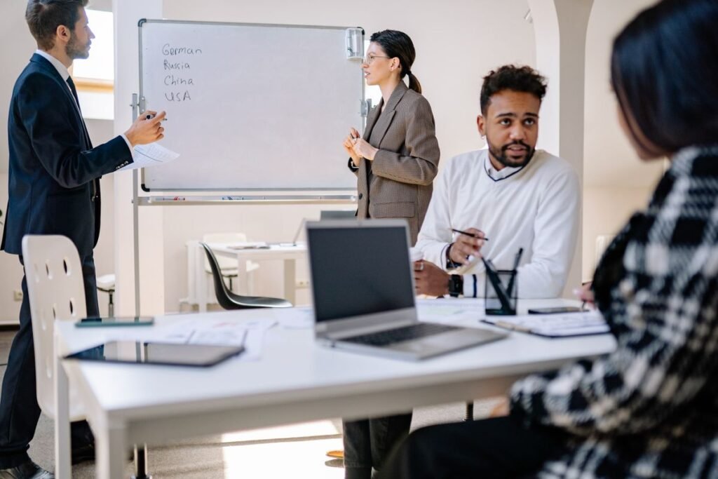 Diverse professional team in a collaborative office meeting